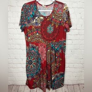 Junky Closet multi color boho babydoll knee length knit dress, sz XL Made in USA
